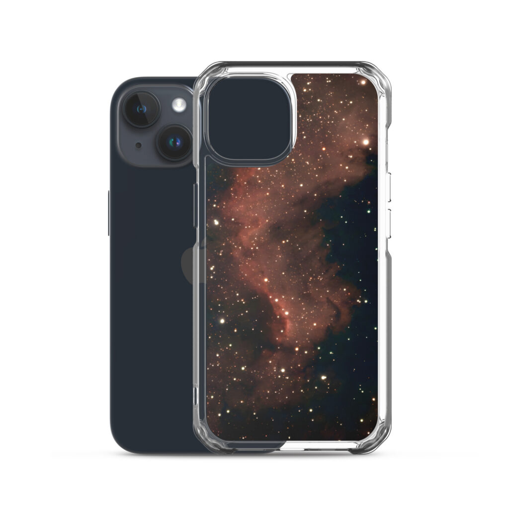 Clear iPhone case featuring the North America Nebula (NGC 7000) — a beautiful red and gold emission nebula in the constellation Cygnus, captured from the night skies of Tallinn, Estonia