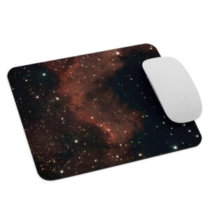 Mouse pad featuring the North America Nebula (NGC 7000) — a vivid red and gold emission nebula in the constellation Cygnus, captured from the night skies of Tallinn, Estonia
